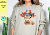 Patriotic cow Png, 4th of July, sublimation design, cow with hat, USA flag, digital download, Printable artwork