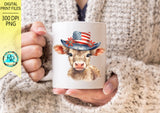 Patriotic cow Png, 4th of July, sublimation design, cow with hat, USA flag, digital download, Printable artwork