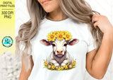 Cow with flowers Png, sublimation design, cute cow, digital download, printable artwork