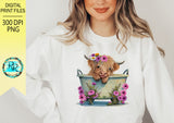 Highland cow in tub Png, Cow sublimation designs, Cute Cow with flowers, Watercolor cow, Printable artwork